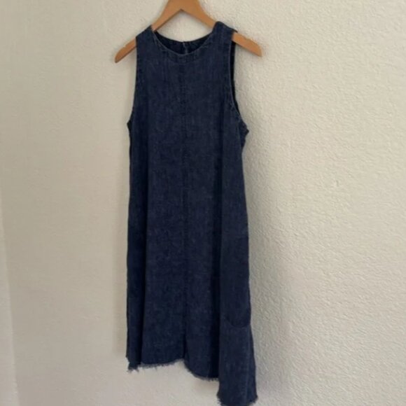 Studio 412 100% Linen Denim Blue Sleeveless Lagenlook A-Line Knee Length Dress - Picture 2 of 8